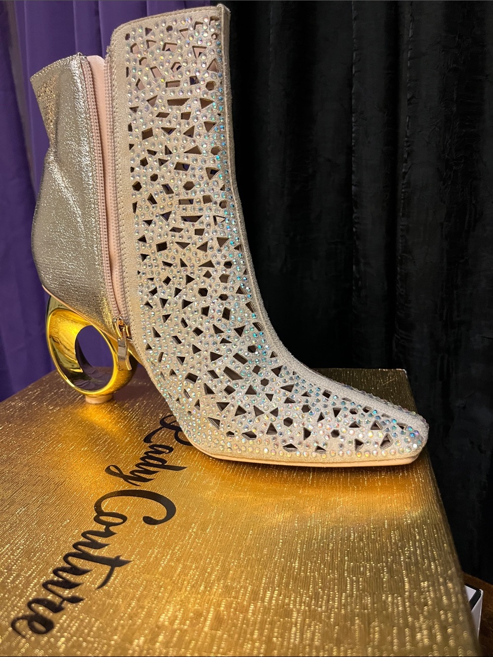 Crystal Embellished Light Pink Ankle Boot with Gold Sculptural Heel